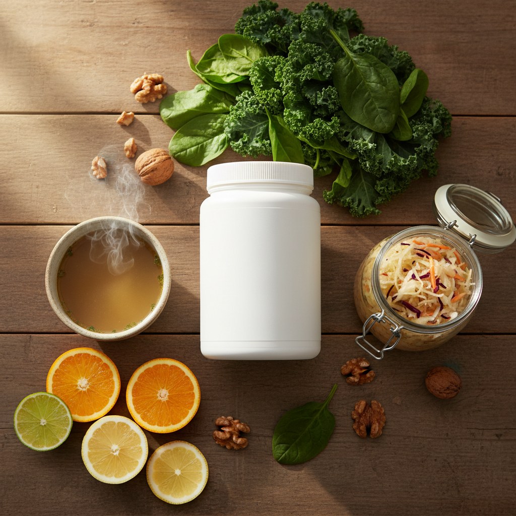 Powder tub nestled among fresh whole foods and gut-supporting ingredients on a rustic table